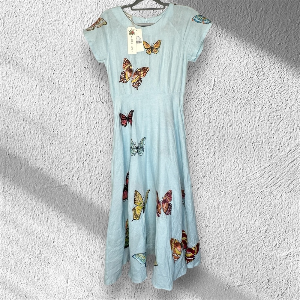 Fanm Mon Papiyon Light Lagoon Linen Maxi Dress Butterfly Print Size Medium NWT